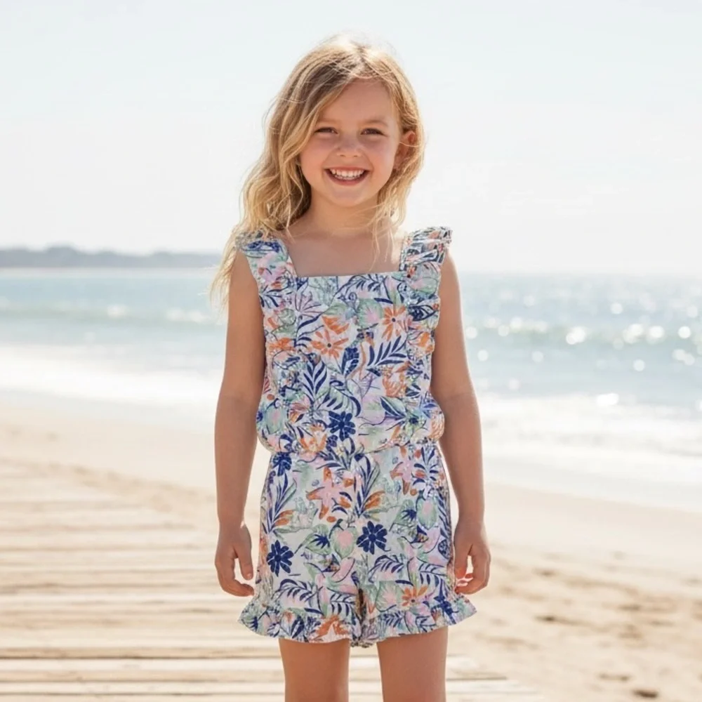 NWT Polo‎ Ralph Lauren Girls Tropical Print Ruffled Romper Multi-Color Summer
